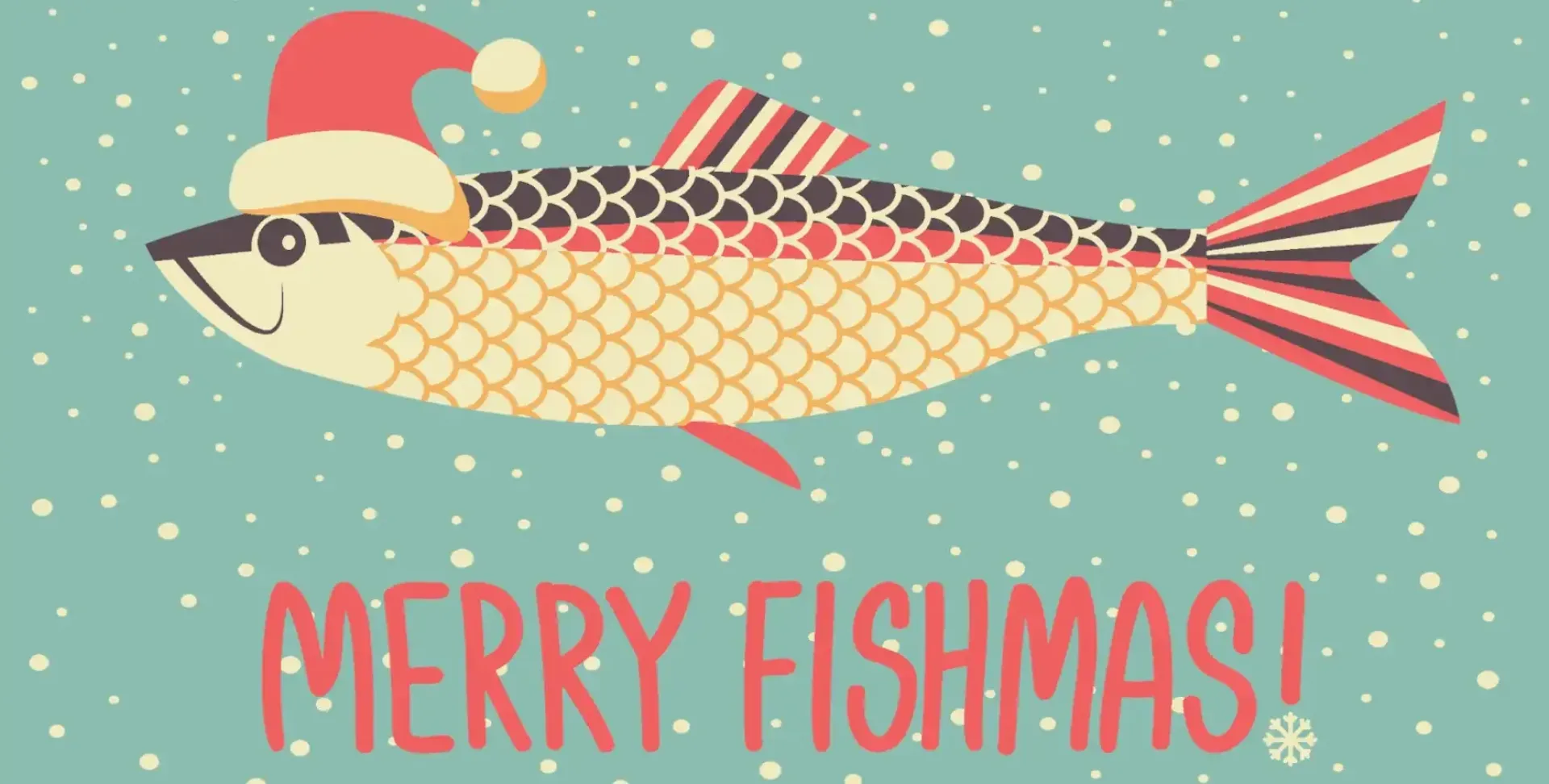 Christmas fish. Fish in Santa red hat. Vector winter fishing illustration with holiday text on card. Merry fishmas christmas vintage blue snow card background.