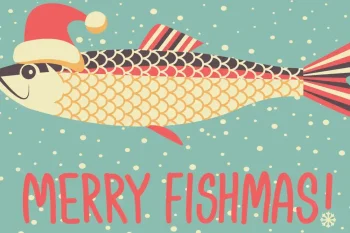 Christmas fish. Fish in Santa red hat. Vector winter fishing illustration with holiday text on card. Merry fishmas christmas vintage blue snow card background.