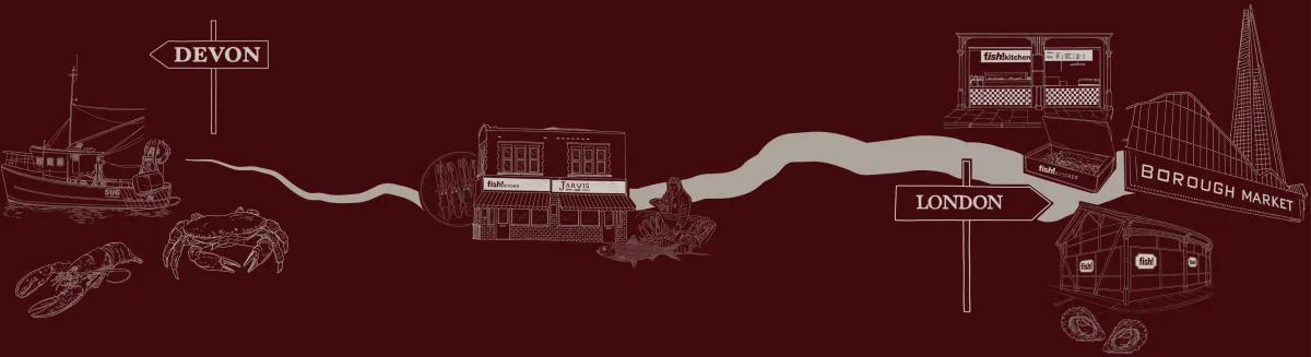 Line drawing map showing Fish Kitchen locations from Devon to London, featuring seafood illustrations, buildings, and landmarks on burgundy background