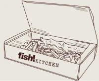 Line drawing of an open fish! kitchen branded takeaway box filled with chips and fish, shown in a three-dimensional perspective view.