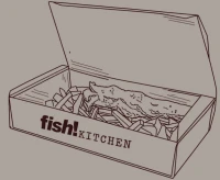 Line drawing of an open takeaway food box branded "fish! KITCHEN" containing fish and chips on a grey background.