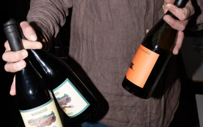 Person in grey shirt holding two wine bottles - Maremosso Carignatto on the left and an orange-labelled bottle on the right, against dark background.