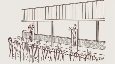 Line drawing of a modern restaurant interior with large windows, dining tables set with chairs, place settings, and floral centerpieces along a herringbone-patterned accent wall.