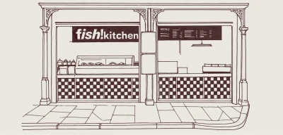 Line drawing of a fish!kitchen storefront with checkerboard window panels, display cases, menu board, and ornate architectural details above the shopfront.