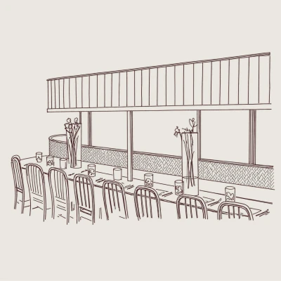 Line drawing of a modern dining space with large windows, dining table with chairs, place settings, and floral arrangements along the windowsill.