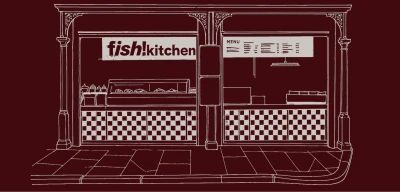 Line drawing of a fish!kitchen restaurant storefront with display counter, checkerboard tile base, menu board, and ornate architectural details on deep burgundy background.