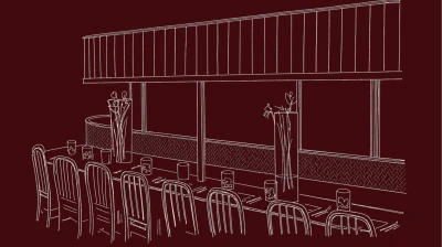 Line drawing of a modern dining space with long table, chairs, tall planters with flowers, and large windows overlooking a balcony against a deep red background.