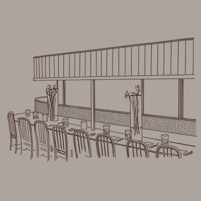 Architectural sketch of a modern restaurant or café interior with dining tables, chairs, floor-to-ceiling windows, decorative plants, and an elevated deck with railings above.