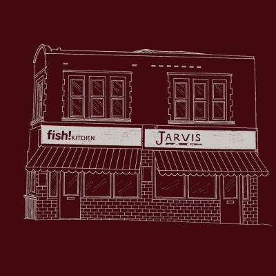 Line drawing of a two-storey building facade with "fish! KITCHEN" and "JARVIS" storefronts, featuring windows, awnings, and brick detailing on a burgundy background.