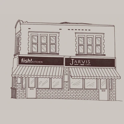 Line drawing of a two-storey building with "fish! KITCHEN" and "JARVIS" shop fronts on the ground floor, featuring large windows and striped awnings above brick facades.